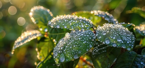 Wall Mural - Dewy leaves in the morning nature background