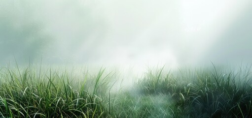 Wall Mural - Green grass meadow dew close up fields in the cool morning