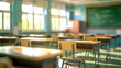© 沈军 贡 - Blurred empty classroom in an elementary school or high school with desks and chairs