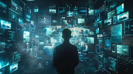 Wall Mural - A man is standing in front of a computer monitor with many screens