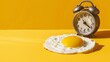 © Farid - Fried egg sunny side on a vintage alarm clock on yellow background, surreal photo collage. Breakfast time concept.