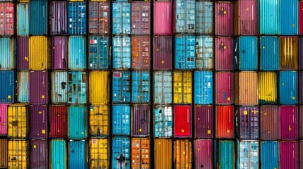 Poster - Colorful Stacked Shipping Containers at Busy Seaport Terminal