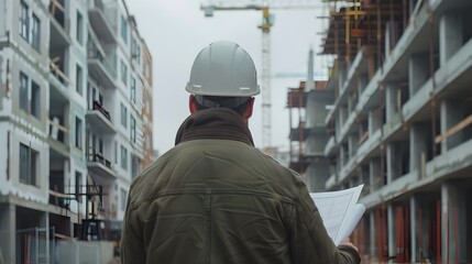 Poster - Construction Site Supervision by Engineer with Blueprints Overseeing Development Project