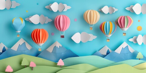 Colorful hot air balloons flying over mountain landscape with trees and clouds in travel adventure trip concept