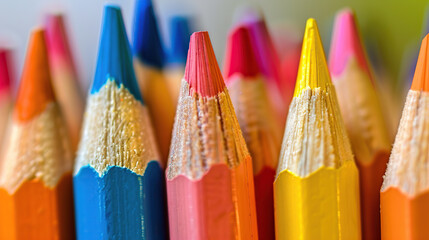 Wall Mural - Colorful pencils in focus on a blurred background in a close-up shot