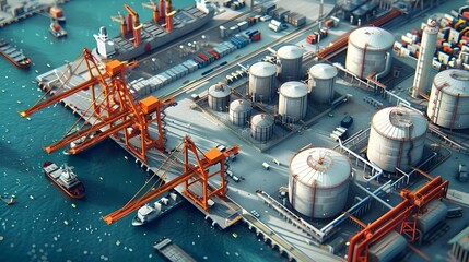 Leinwandbilder - Detailed Port Infrastructure with Docks Cranes and Storage Areas for Cargo Handling and Logistics
