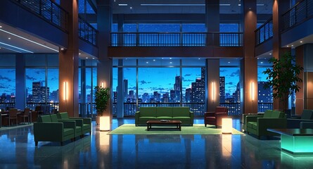 Poster - office lobby with sofas night background anime cartoon illustration design backdrop copy space
