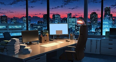 Poster - office workstation with chair night background anime cartoon illustration design backdrop copy space