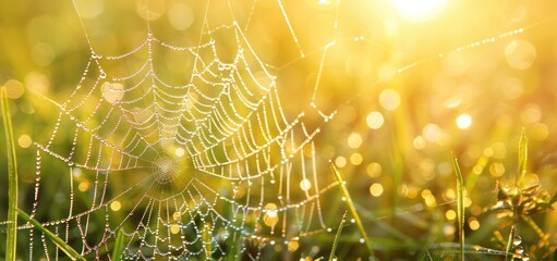 Wall Mural - Cobwebs dew on the cool morning grass