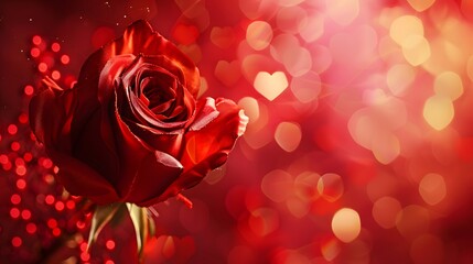 Red rose in the shape of a heart on panoramic red background, valentines day web banner.