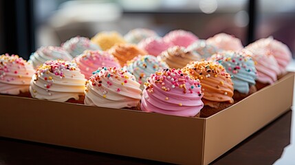 Sticker - A tight shot of a box of cupcakes adorned with frosting and sprinkles on a table  