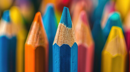 Colorful pencils in focus on a blurred background in a close-up shot