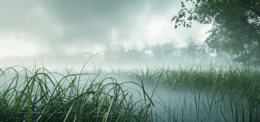 Wall Mural - Green grass fields in the cool morning