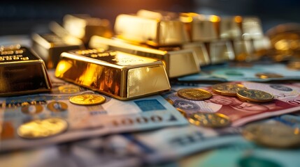 Aufkleber - Global Economic Impact Showcased Through Gold Bars and World Currencies