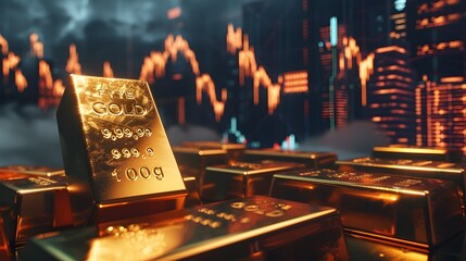 Poster - Gold Bars Amid Stormy Market Backdrop Showcasing Financial Volatility