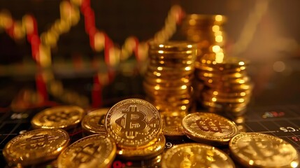 Poster - Gold Coins Amid Fluctuating Market Graphs Depicting Volatility
