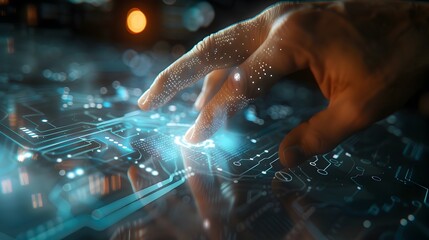 Fototapete - Hand Interacting with Futuristic Holographic Interface in Digital World