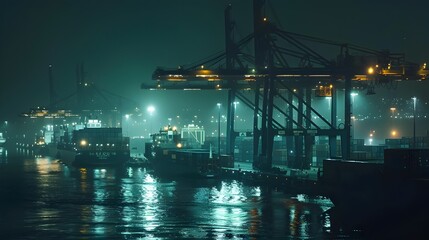 Poster - Illuminating Nighttime Port with Containers and Cranes