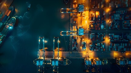 Poster - Illuminated Port at Night with Containers and Cranes