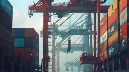 Leinwandbilder - Massive Cranes Lifting and Transporting Shipping Containers at a Bustling Port Terminal