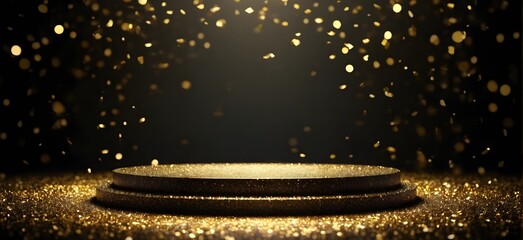 Wall Mural - Black award podium stage gold glitter, platform product golden pedestal. Podium on black background in elegant ceremony with spotlight effect and golden confetti stage.