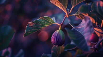 Canvas Print - A single ripe fig hanging on a branch