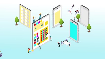 Crane people creating interface on phone tablet mobile UI UX design 3d animation cartoon