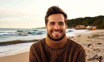 Poster - Pet portrait video of a grinning man in his 30s wearing a cozy sweater against a beach background