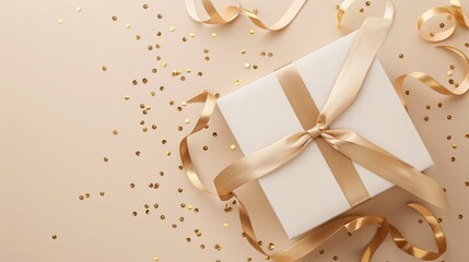 Sticker - Elegant Gift Box with Golden Ribbon and Confetti