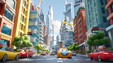 Poster - Vibrant Cartoon City with Skyscrapers Cars and Bustling Streets