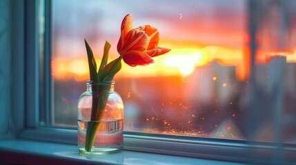 Sticker - Single Tulip in a Glass Vase in Front of a Sunset Window