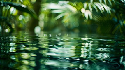 Wall Mural - A blurry image of a body of water with green leaves floating on top