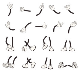 Poster - comic feets and hands. cartoon animation retro style. hand in gloves, foot in boots. legs walking ju