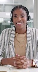 Poster - Black woman, consultant and wave with headphones for video call, customer service or telemarketing at office. Portrait or pov of young African, female person or agent talking with mic for online help