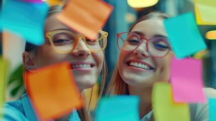 Two smiling women looking at post-it notes