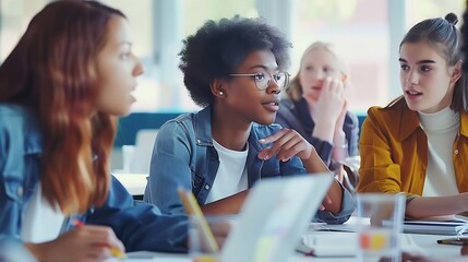 Diverse Multiethnic Group of Female and Male Students Sitting Together in Infographics Room Collaborating on a College Project Young Scholars Talking Study Software Development or Comp : Generative AI