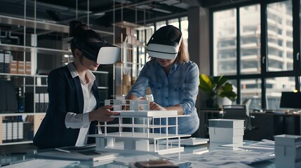 Aufkleber - Technology futuristic virtual reality design Team Architect or Engineer designer wearing VR headset for BIM technology working together design 3D model building in office : Generative AI