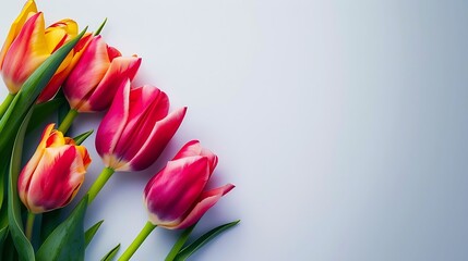 Wall Mural - Colorful tulips flowers isolated on white background Floral banner Greeting card Valentines day 8 march Womens day Mothers day top view : Generative AI