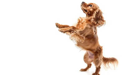 Aufkleber - Cute adorable purebred dog English cocker spaniel standing on hind legs and playing isolated on white background Concept of domestic animals pet care vet action and motion Copy space f : Generative AI