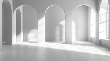 Aufkleber - Abstract white studio background for product presentation Empty room with shadows of arch window 3d room with copy space Summer concert Blurred backdrop : Generative AI
