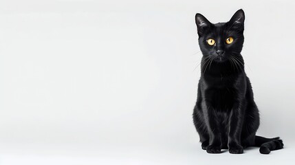 Poster - A black cat with yellow eyes is sitting on a white background The cats eyes are wide open giving it a curious and alert appearance : Generative AI
