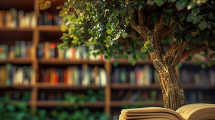 Poster - Wooden tree with books on blur background of library with bookshelf Flawless : Generative AI