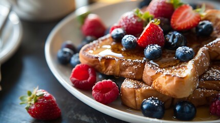 Wall Mural - French toast with berries and honey on plate closeup view selective focus : Generative AI