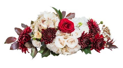 Wall Mural - Autumn bouquet of red and white roses hydrangeas chrysanthemums isolated on a white background : Generative AI