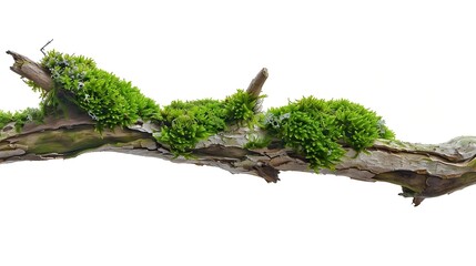 Poster - Fresh green moss on rotten branch isolated on white side view : Generative AI