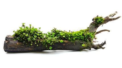 Aufkleber - Fresh green moss on wet rotten branch and stone isolated on white side view : Generative AI