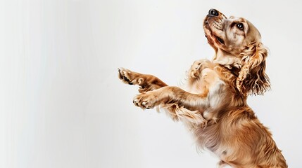 Aufkleber - Cute adorable purebred dog English cocker spaniel standing on hind legs and playing isolated on white background Concept of domestic animals pet care vet action and motion Copy space f : Generative AI