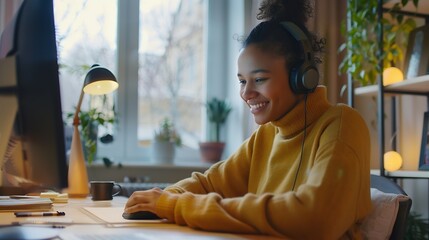 Poster - Smiling multiracial millennial female student in headphones sitting at the desk watching webinar and making notes Happy biracial young woman working or studying using computer at home : Generative AI