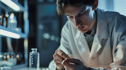 Poster - A young man in a lab coat examines a capsule with focus in a laboratory setting : Generative AI