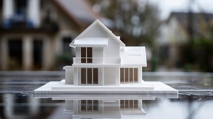 Poster - Two floors model of the family house printed on a 3D printer with white filament by FDM technology for architectural use : Generative AI